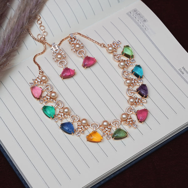 Multicolor CZ-Style Floral Necklace Set 111907